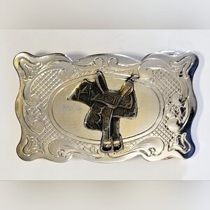 Vintage Belt Buckle Made In USA Silver Tone Brass Saddle Filigree Design